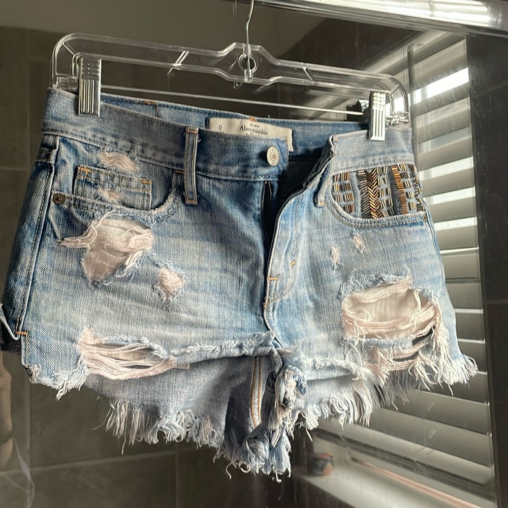 Abercrombie & Fitch Beaded Denim Shorts, Size 0, Light Blue Denim